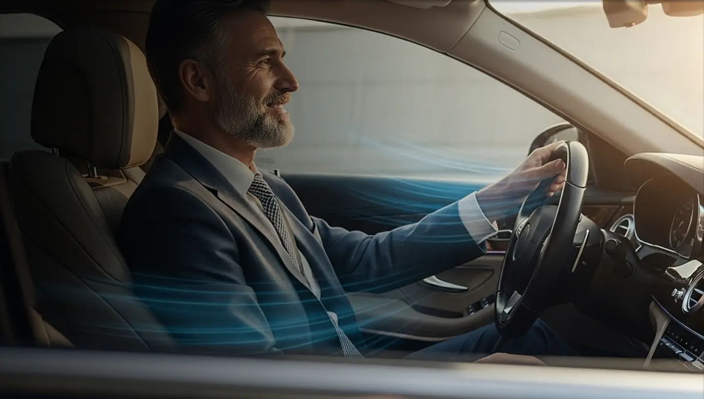 Imagen de un señor con su airea acondicionado de su carro